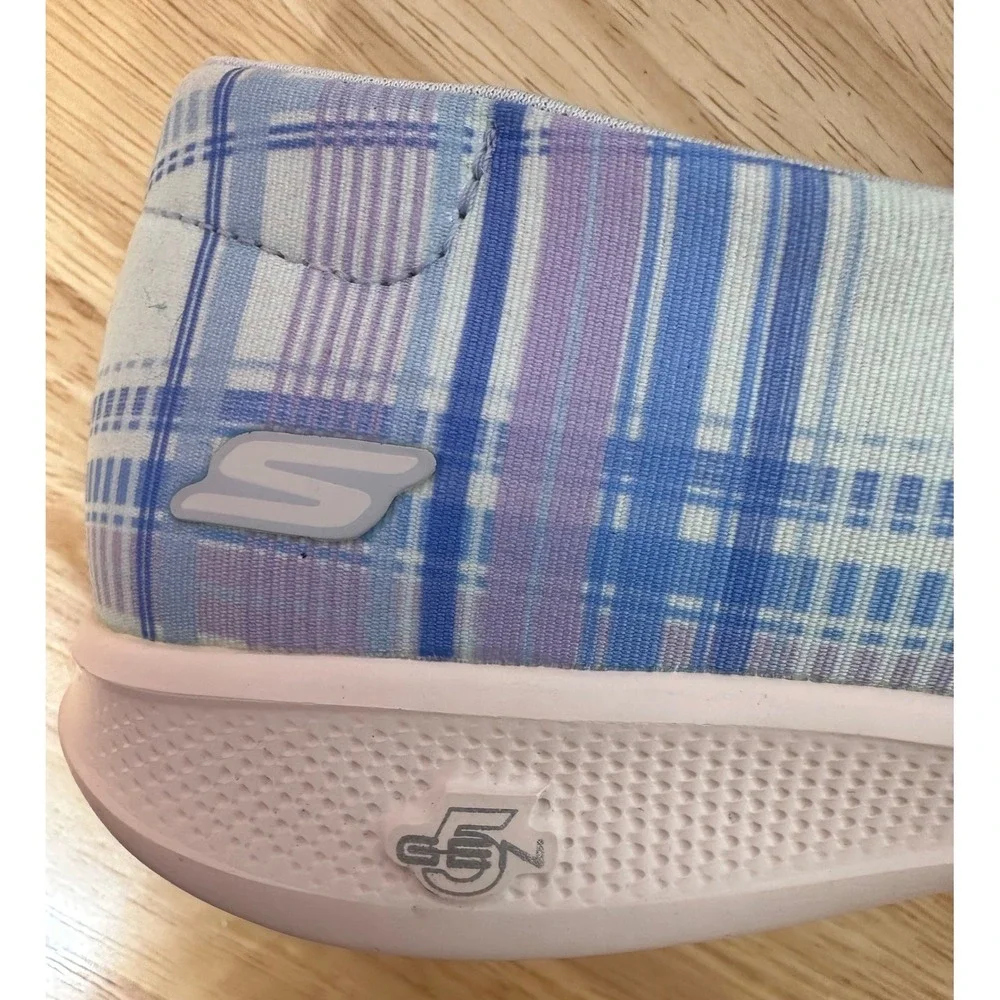 Skechers Womens Go Step Lite Vegan Plaid Slip On Sneakers 7 Washable Blue/Purple